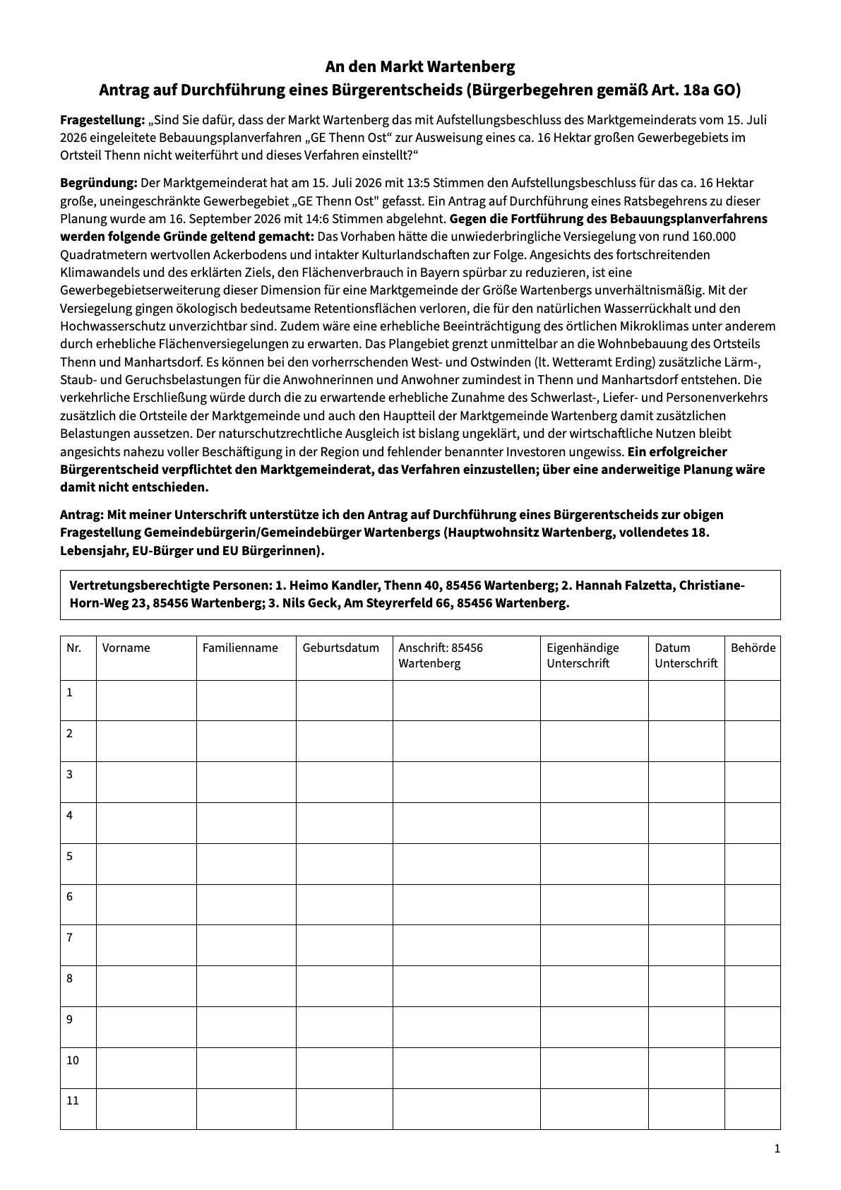 Vorschau: Unterschriftenliste